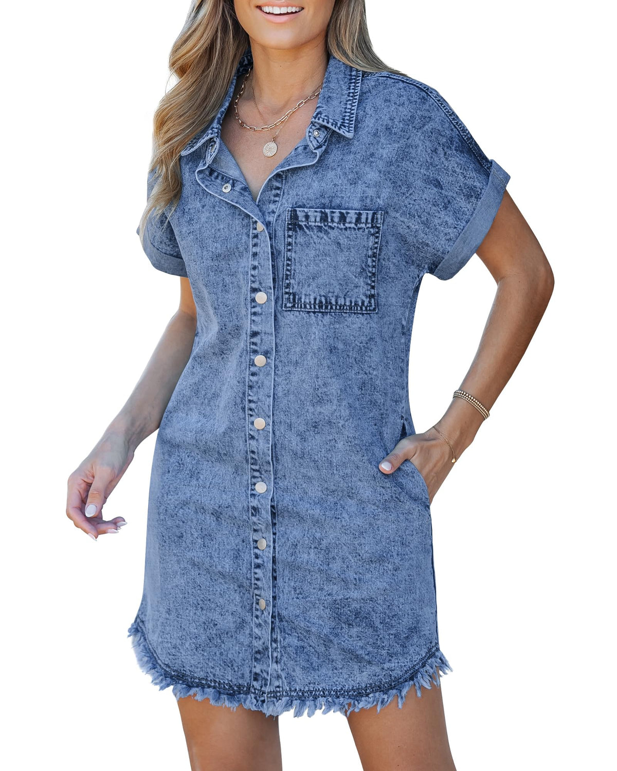 Short Sleeve Button Front Frayed Hem Denim Shirt Dress