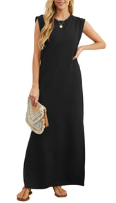Crew Neck Sleeveless Padded Shoulder Maxi Dress