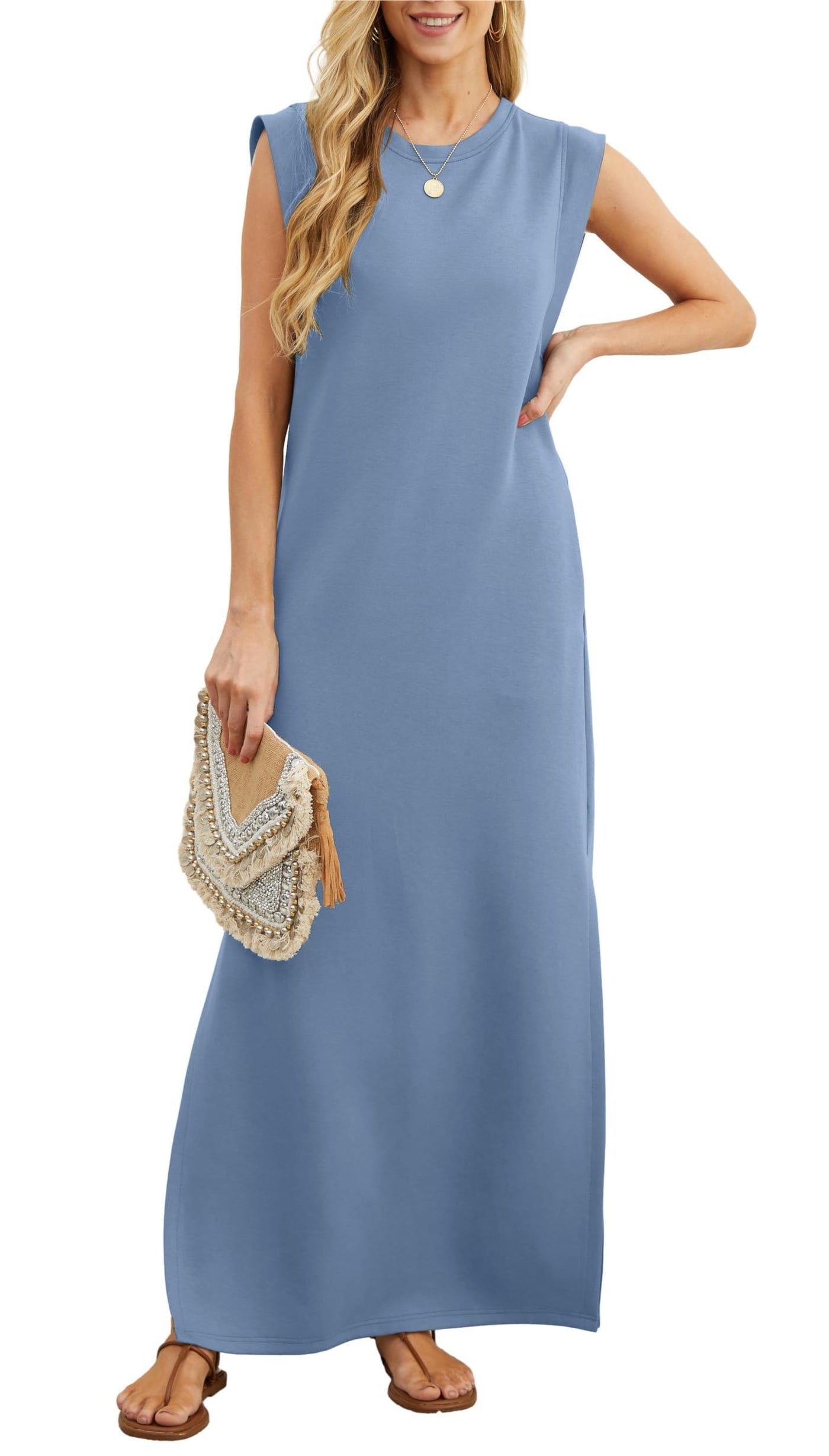 Crew Neck Sleeveless Padded Shoulder Maxi Dress 8