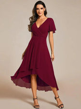 V-Neck Flutter Sleeve Chiffon High Low Midi Dress Wedding Guest
