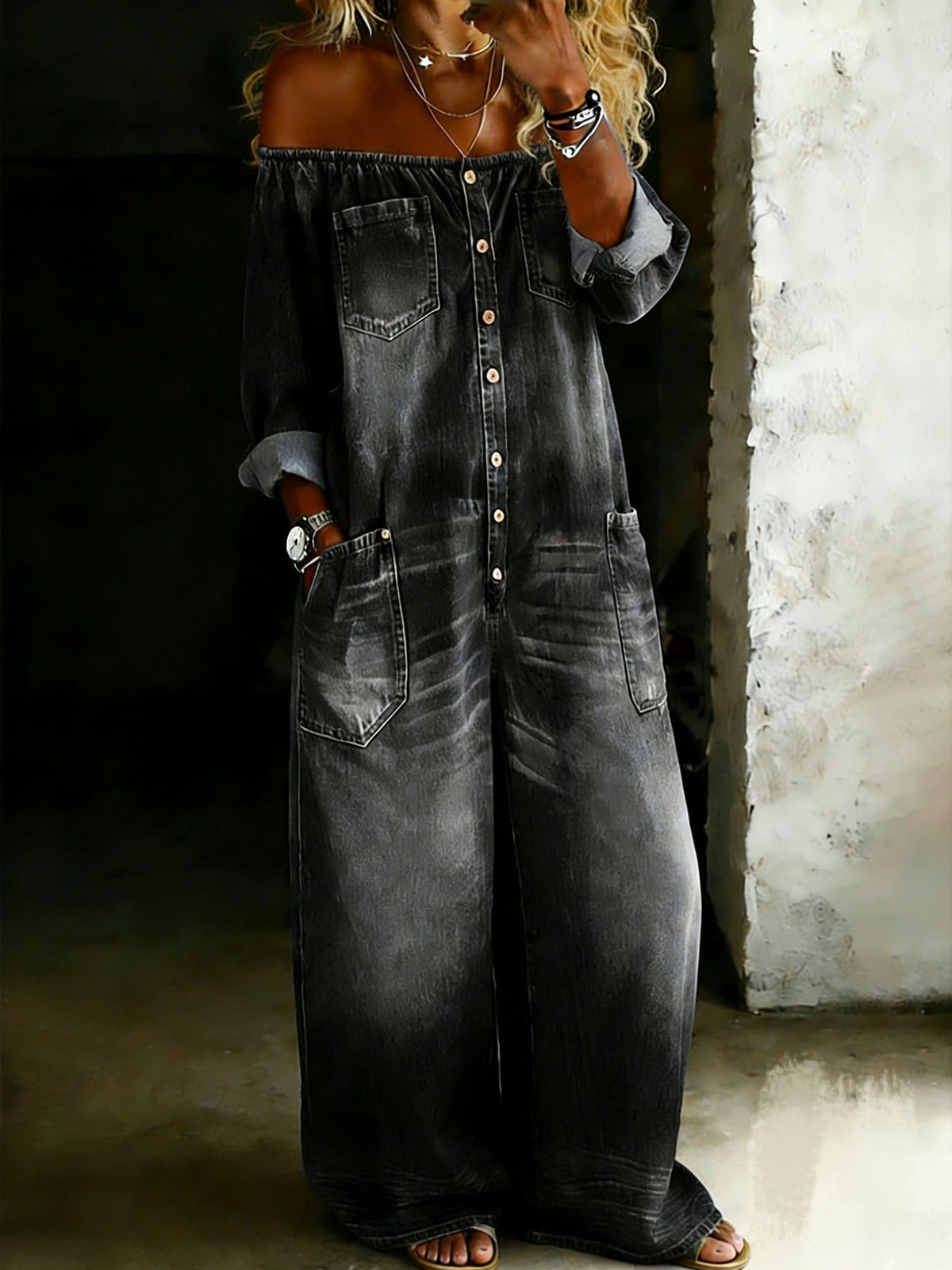 Off Shoulder Button Front Wide Leg Denim Jumpsuit