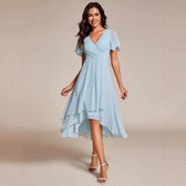 V-Neck Flutter Sleeve Chiffon High Low Midi Dress Wedding Guest