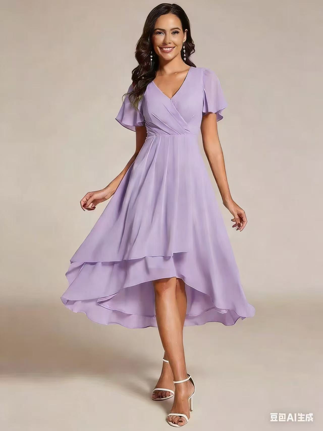 V-Neck Flutter Sleeve Chiffon High Low Midi Dress Wedding Guest