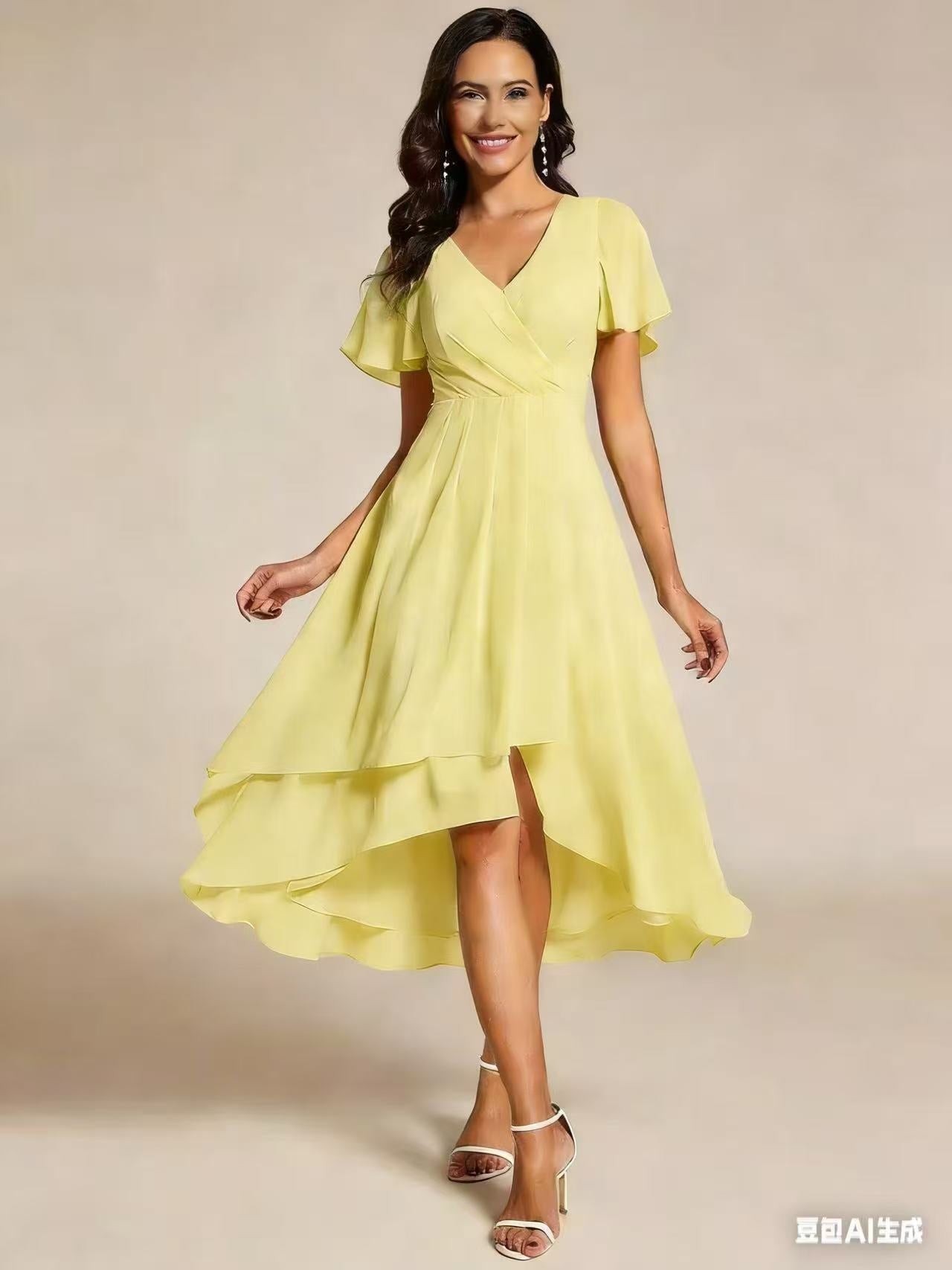 V-Neck Flutter Sleeve Chiffon High Low Midi Dress Wedding Guest