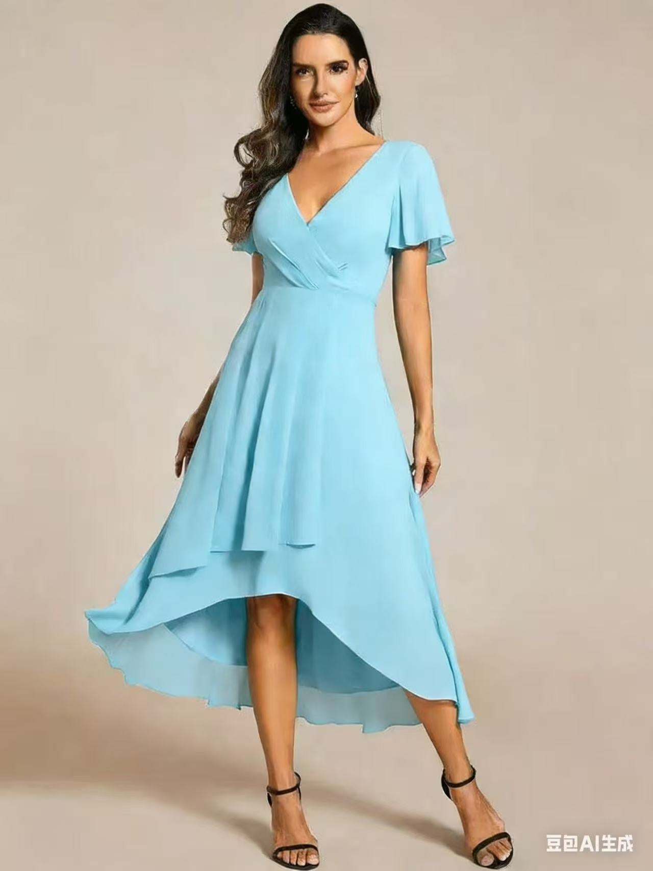 V-Neck Flutter Sleeve Chiffon High Low Midi Dress Wedding Guest