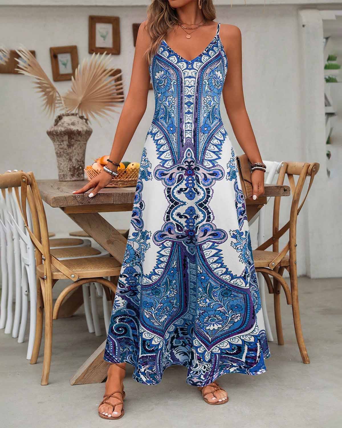 Paisley Print Spaghetti Strap Maxi Dress 9