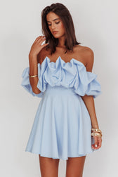 Off Shoulder Puff Sleeve Ruffle Fit and Flare Mini Dress