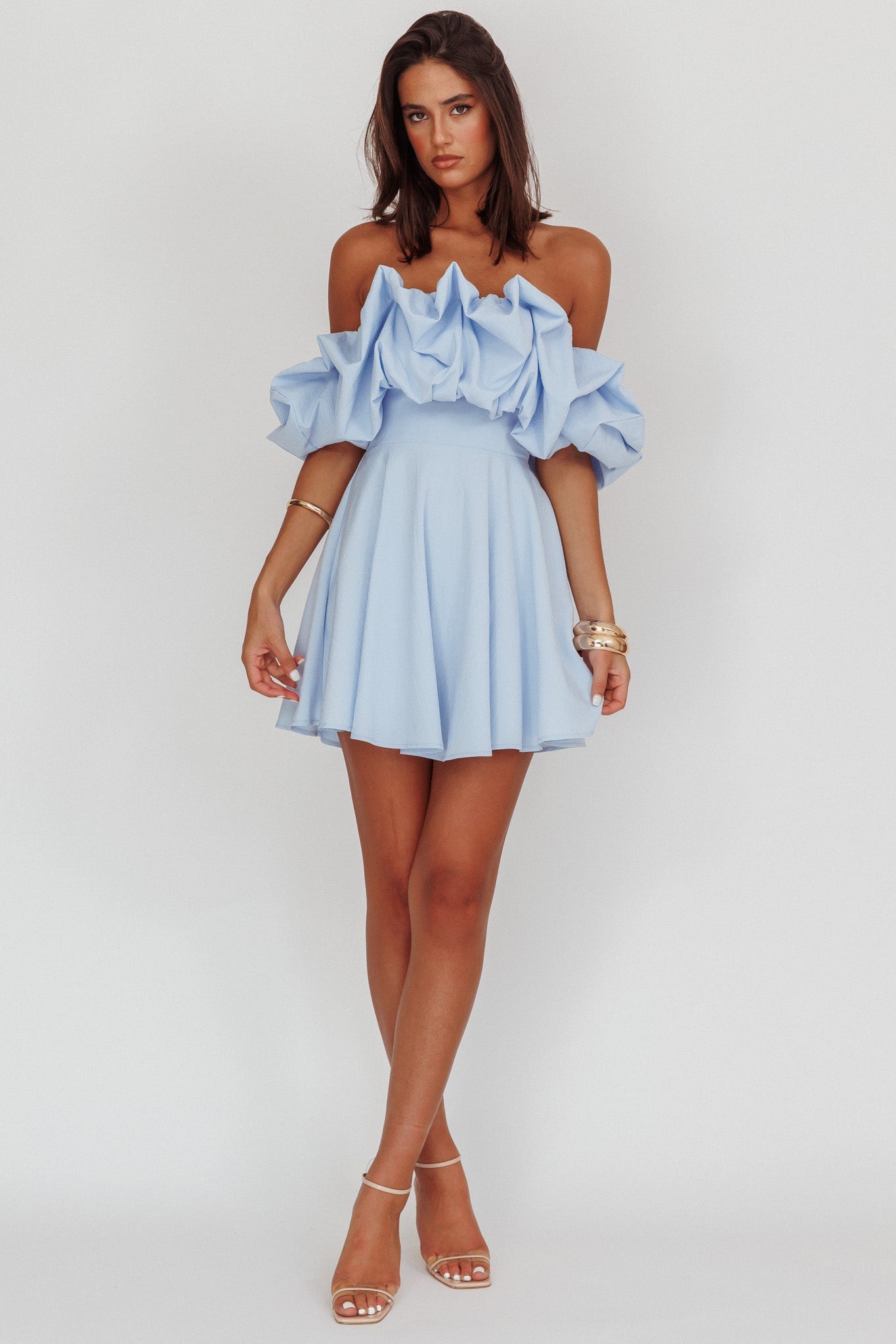 Off Shoulder Puff Sleeve Ruffle Fit and Flare Mini Dress 3