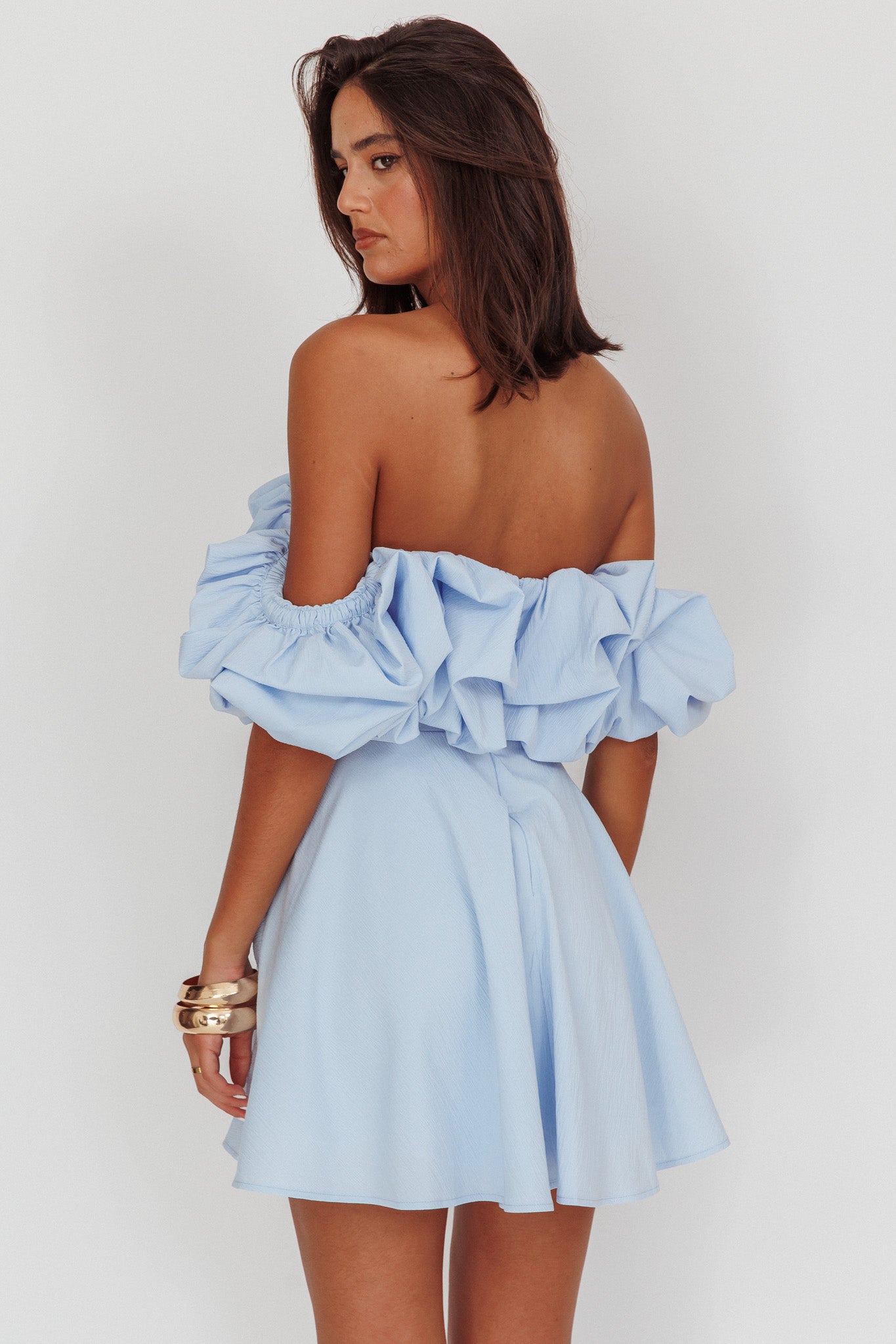 Off Shoulder Puff Sleeve Ruffle Fit and Flare Mini Dress 2