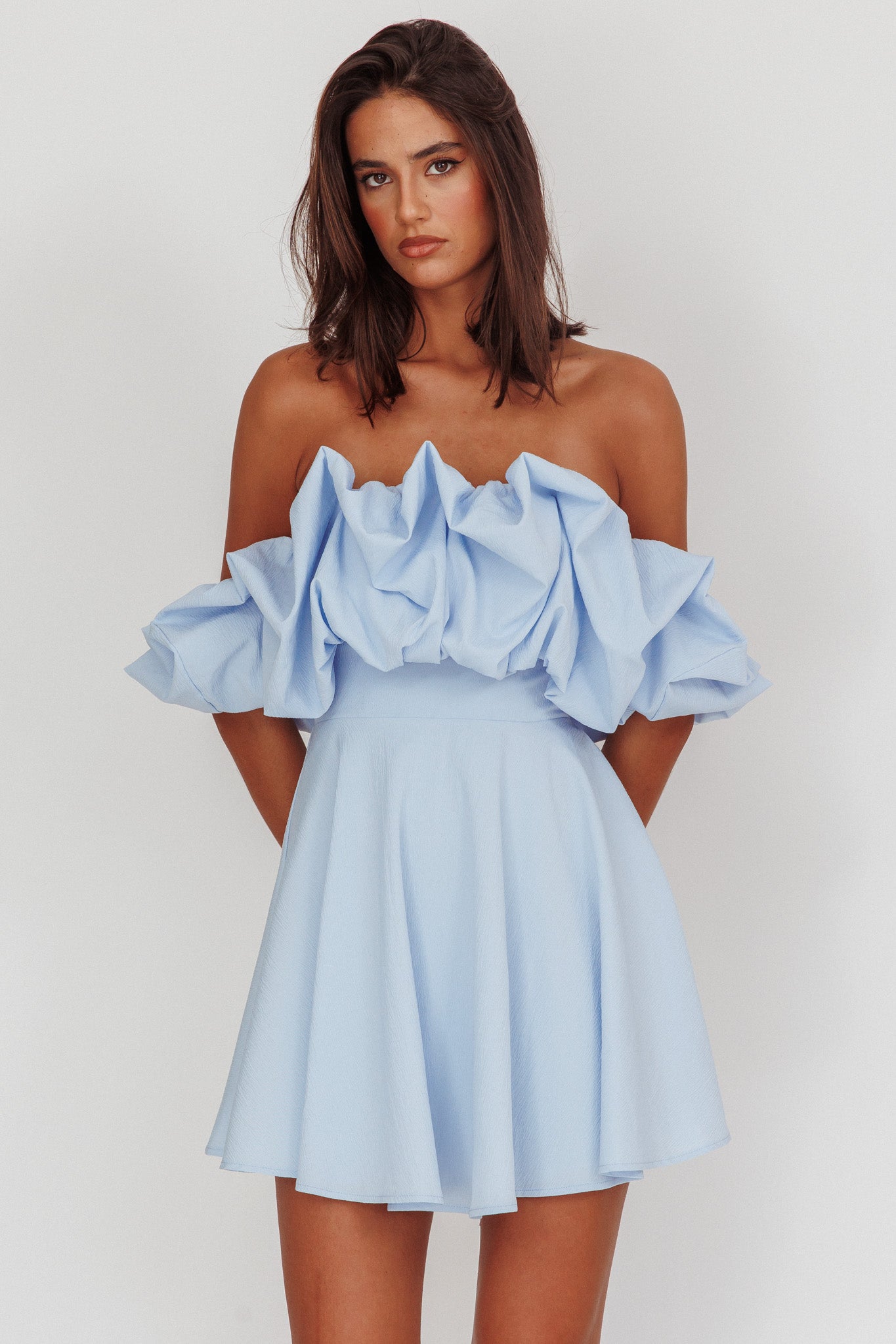 Off Shoulder Puff Sleeve Ruffle Fit and Flare Mini Dress 5