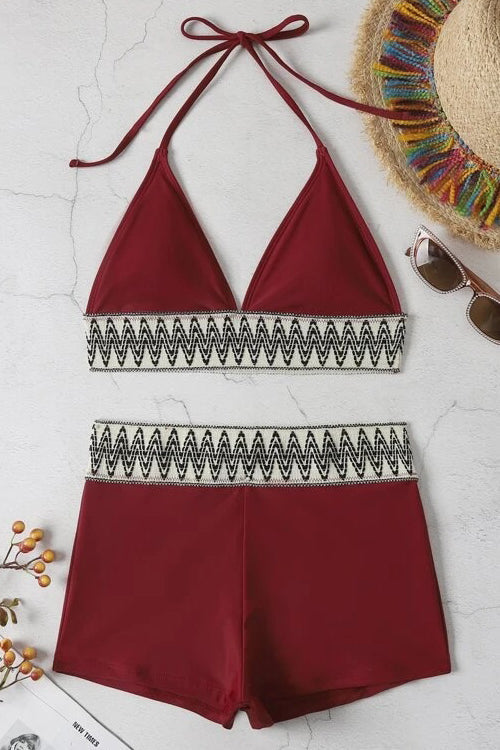 Geo Tape Halter Triangle Shorts Bikini Set