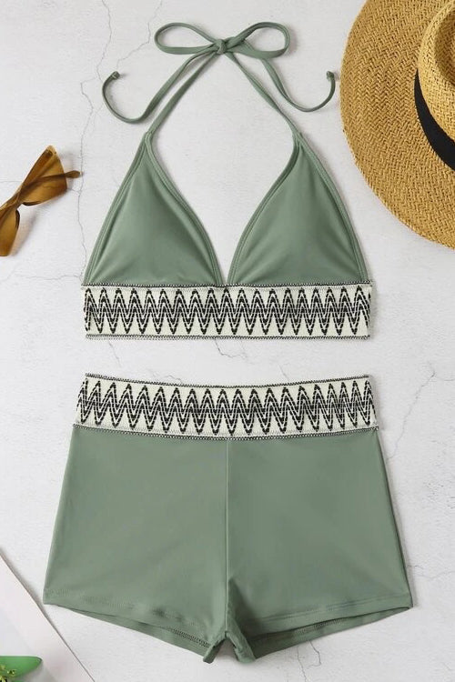 Geo Tape Halter Triangle Shorts Bikini Set