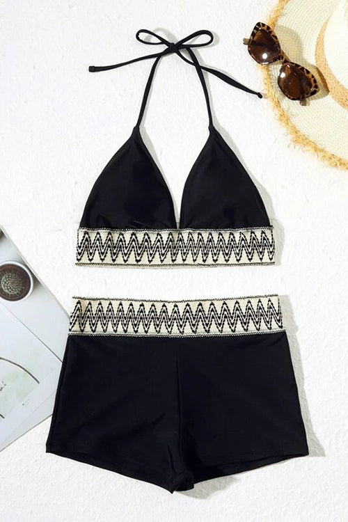 Geo Tape Halter Triangle Shorts Bikini Set