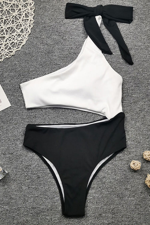 Tie Color Block One Shoulder Swimwear
