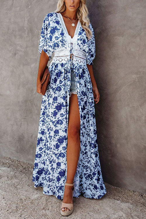Floral Lace Waist Maxi Kimono