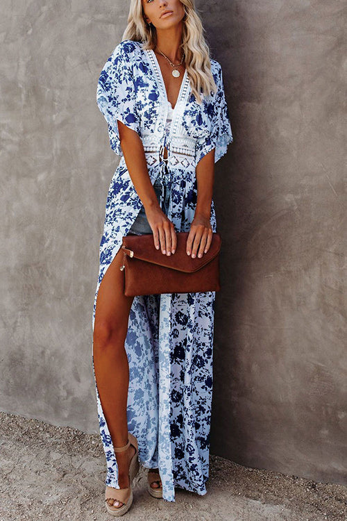 Floral Lace Waist Maxi Kimono
