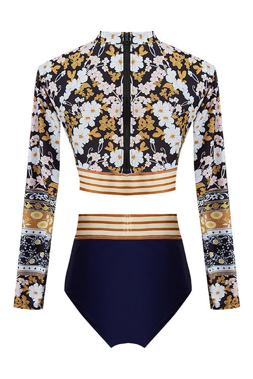 Cut Out Floral Long Sleeve One Piece Swimwear