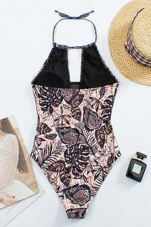 Leaf Mesh Halter Neck One Piece Swimwear