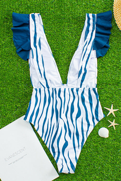 Zebra Stripe Ruffle Plunging One Piece Swimwear