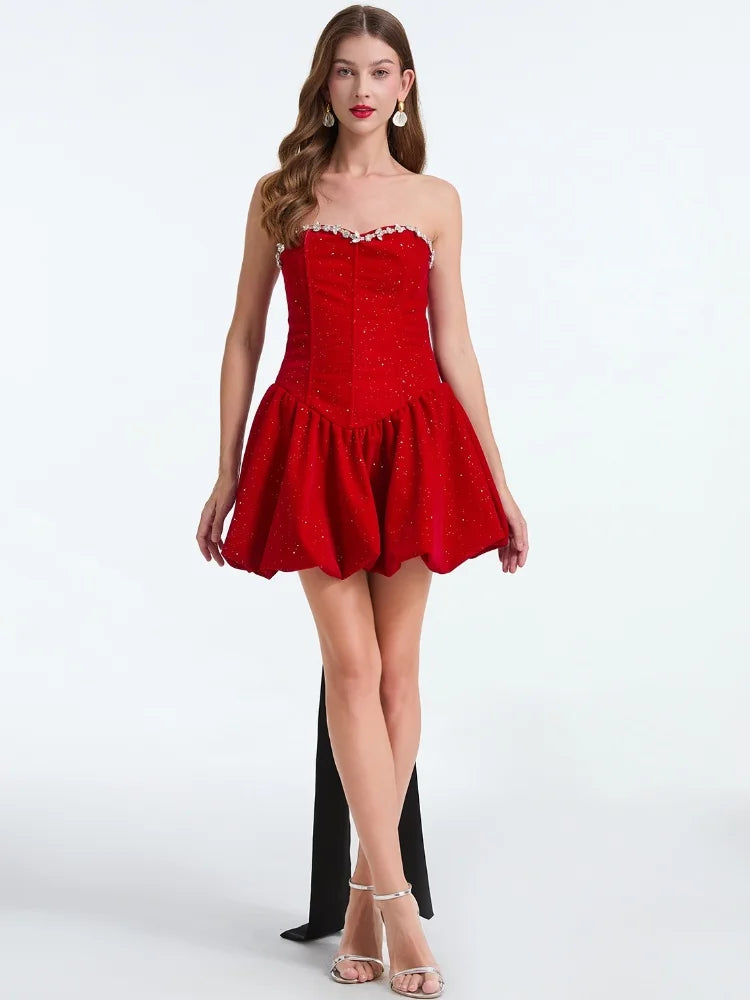 Strapless Sweetheart Rhinestone Trim Glitter Bubble Hem Mini Dress 2