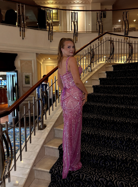 Gorgeous Pink Spaghetti Straps Sequin Beaded Long Evening Dress Formal Party Gown D872
