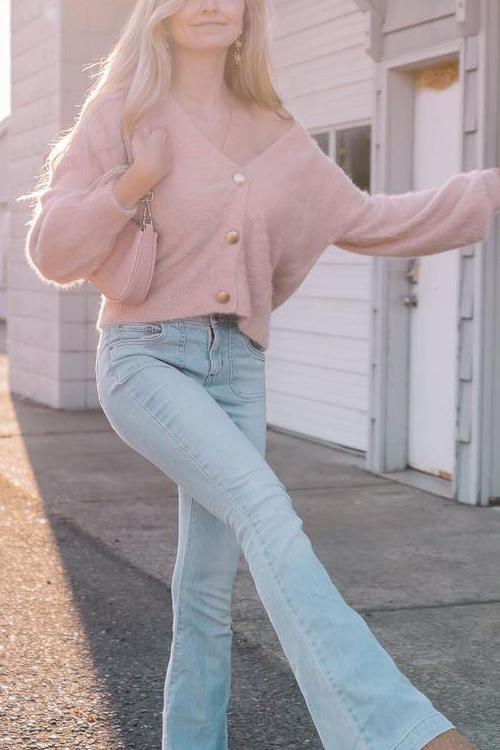 Fuzzy Button V Neck Cardigan