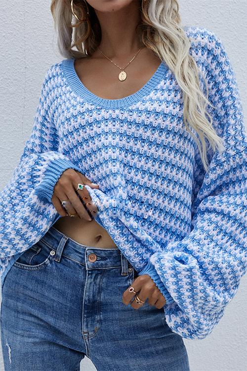 Oversized Stripe V Neck Puff Sleeve Sweater