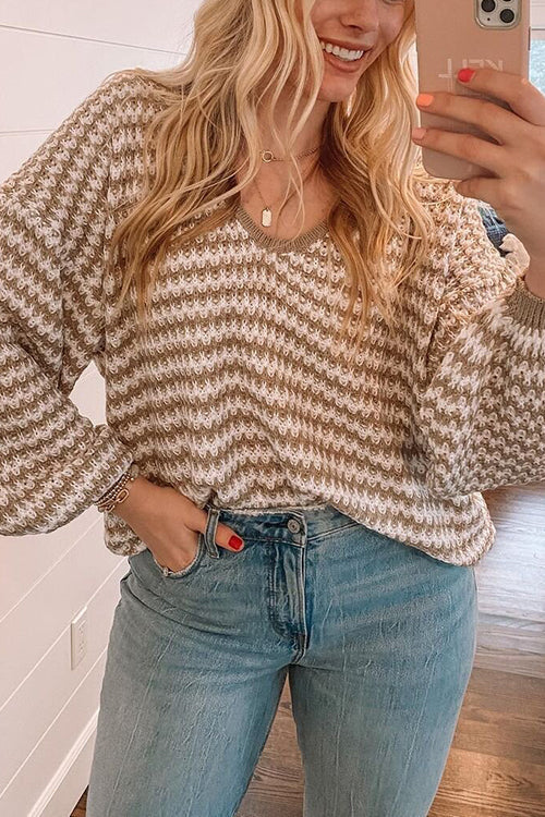 Oversized Stripe V Neck Puff Sleeve Sweater