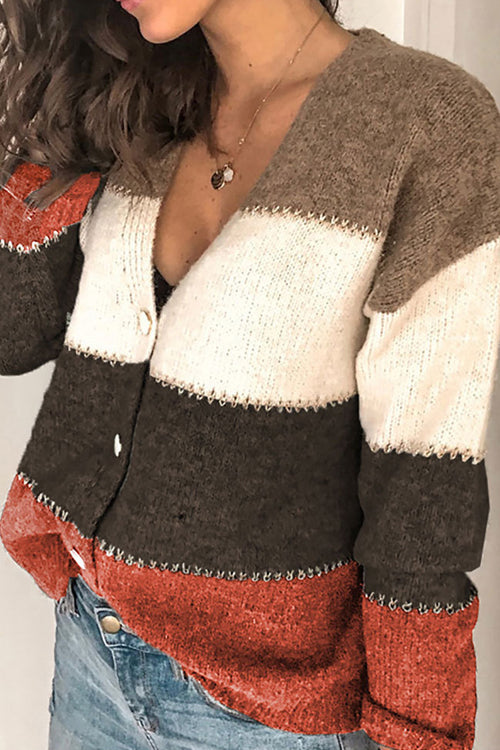 V Neck Button Color Block Cardigan