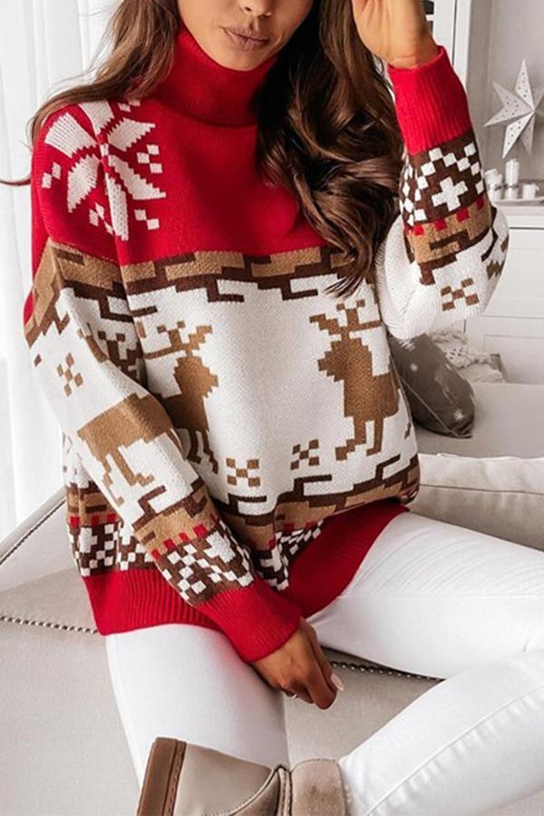 Christmas Color Block Turtleneck Sweater