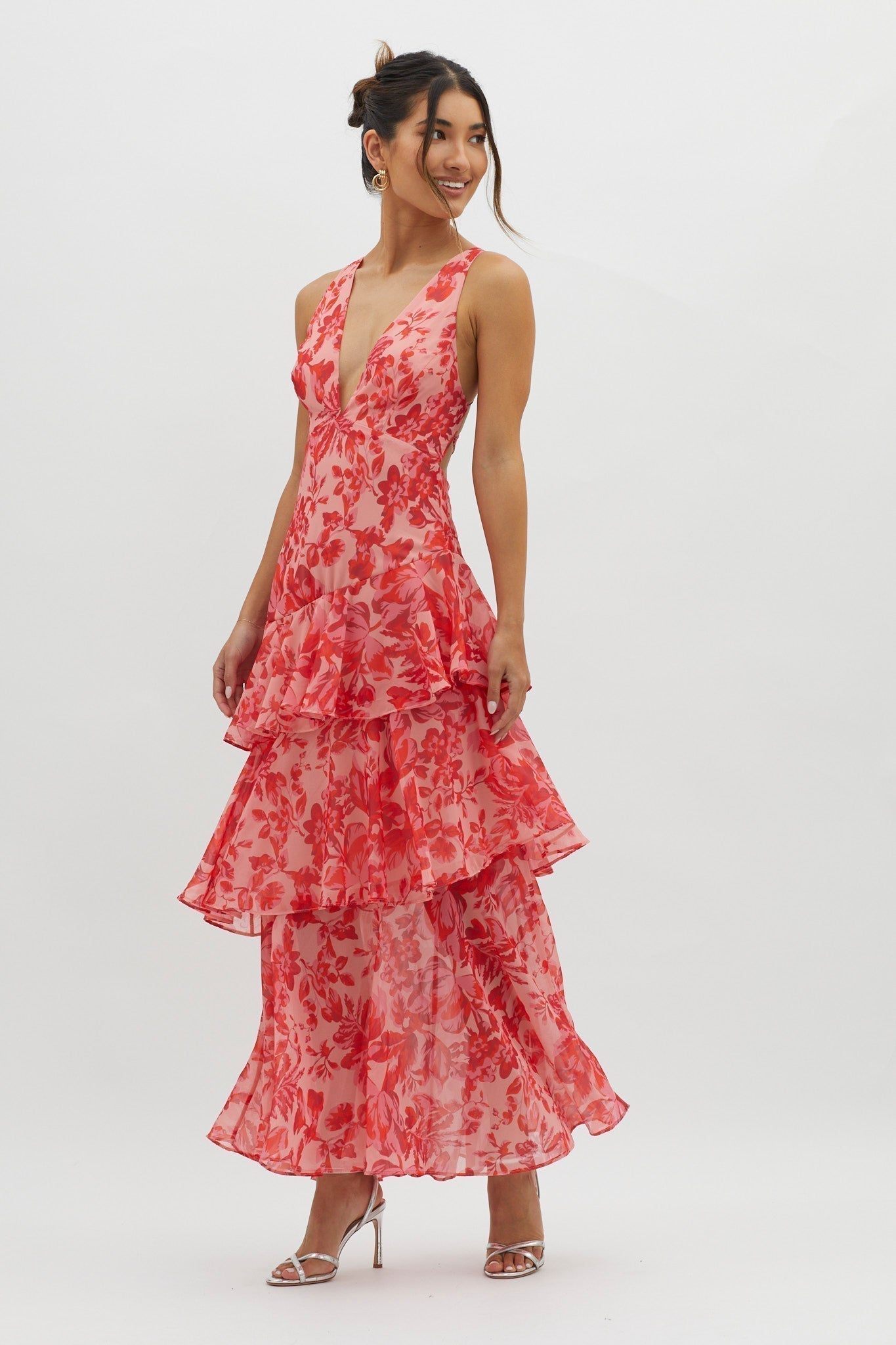 Floral Deep V-Neck Sleeveless Tiered Maxi Dress
