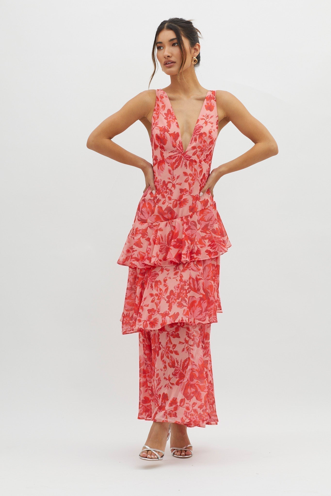 Floral Deep V-Neck Sleeveless Tiered Maxi Dress 4