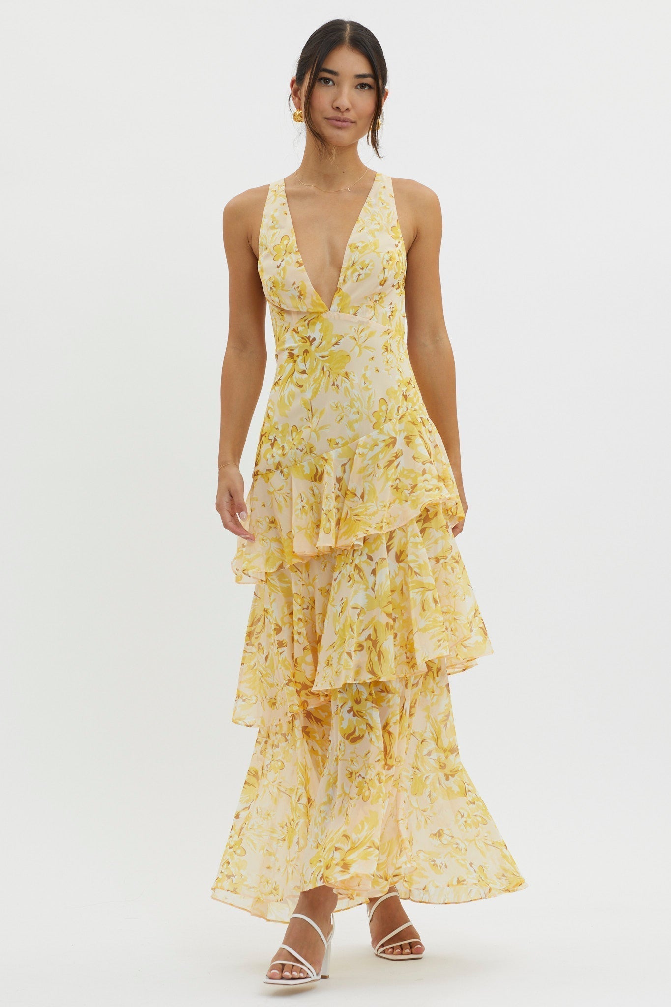 Floral Deep V-Neck Sleeveless Tiered Maxi Dress 8