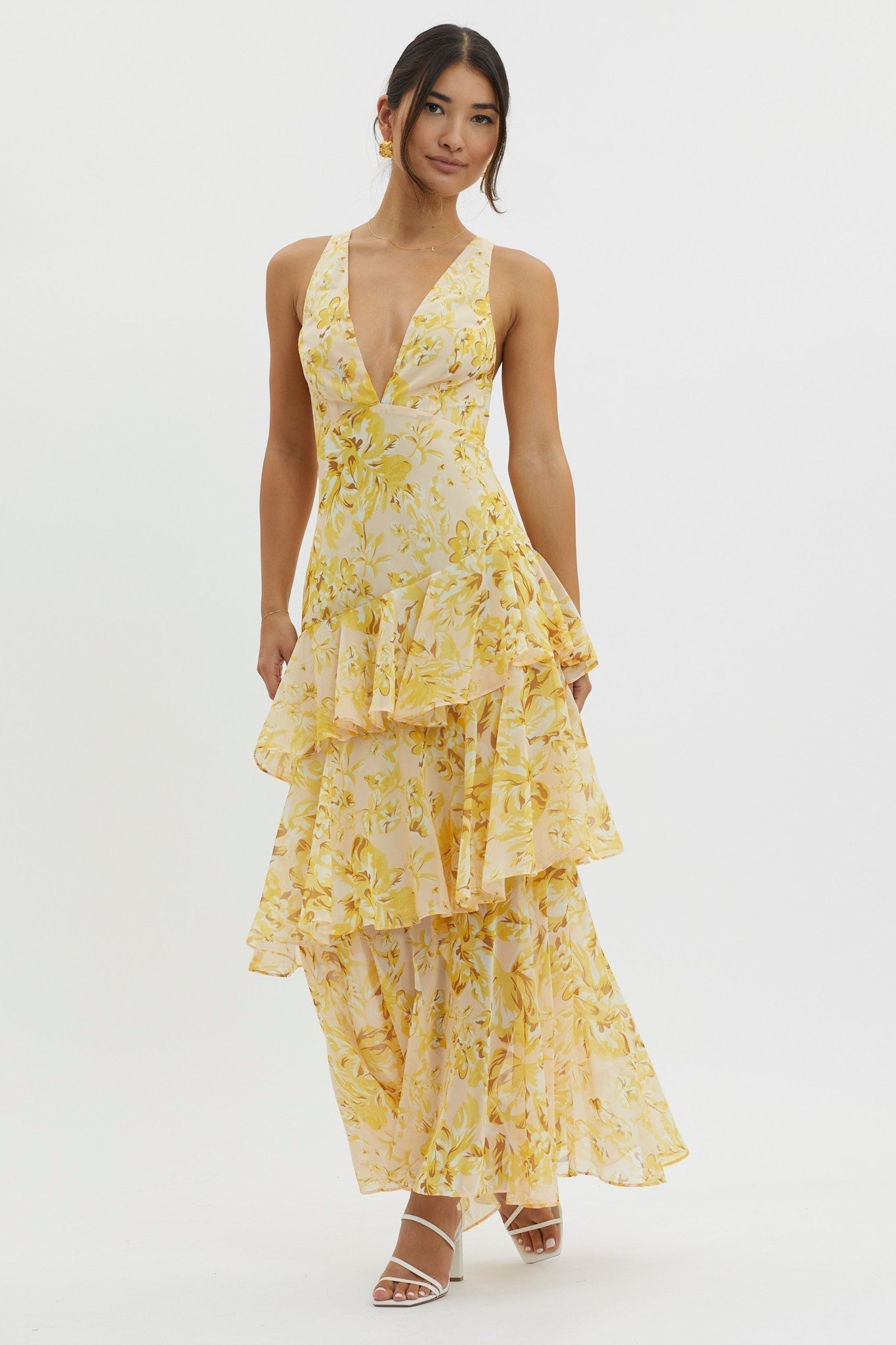 Floral Deep V-Neck Sleeveless Tiered Maxi Dress 10
