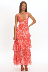 Floral Deep V-Neck Tiered Midi Dress 2