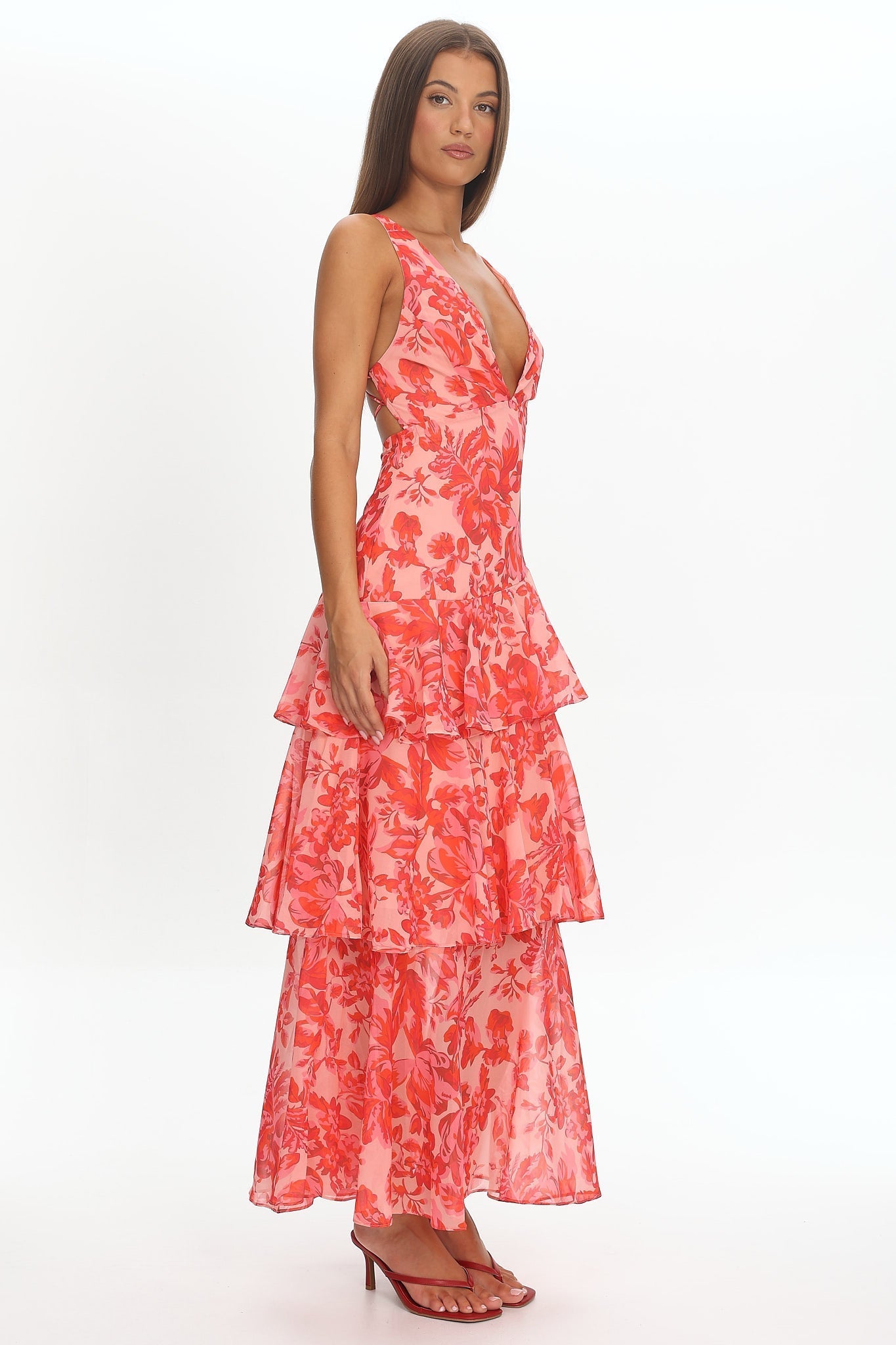Floral Deep V-Neck Tiered Midi Dress 3