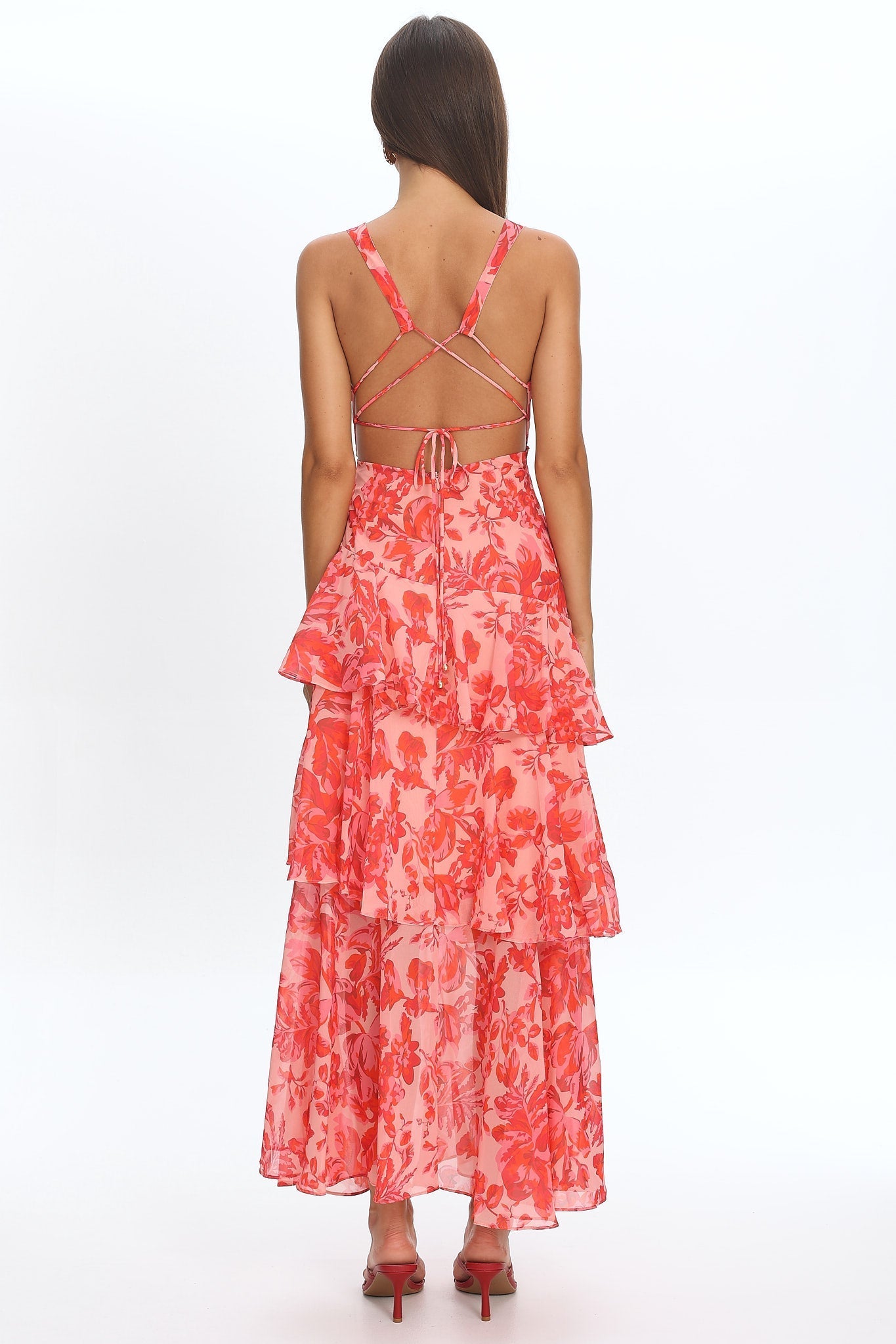 Floral Deep V-Neck Tiered Midi Dress 4