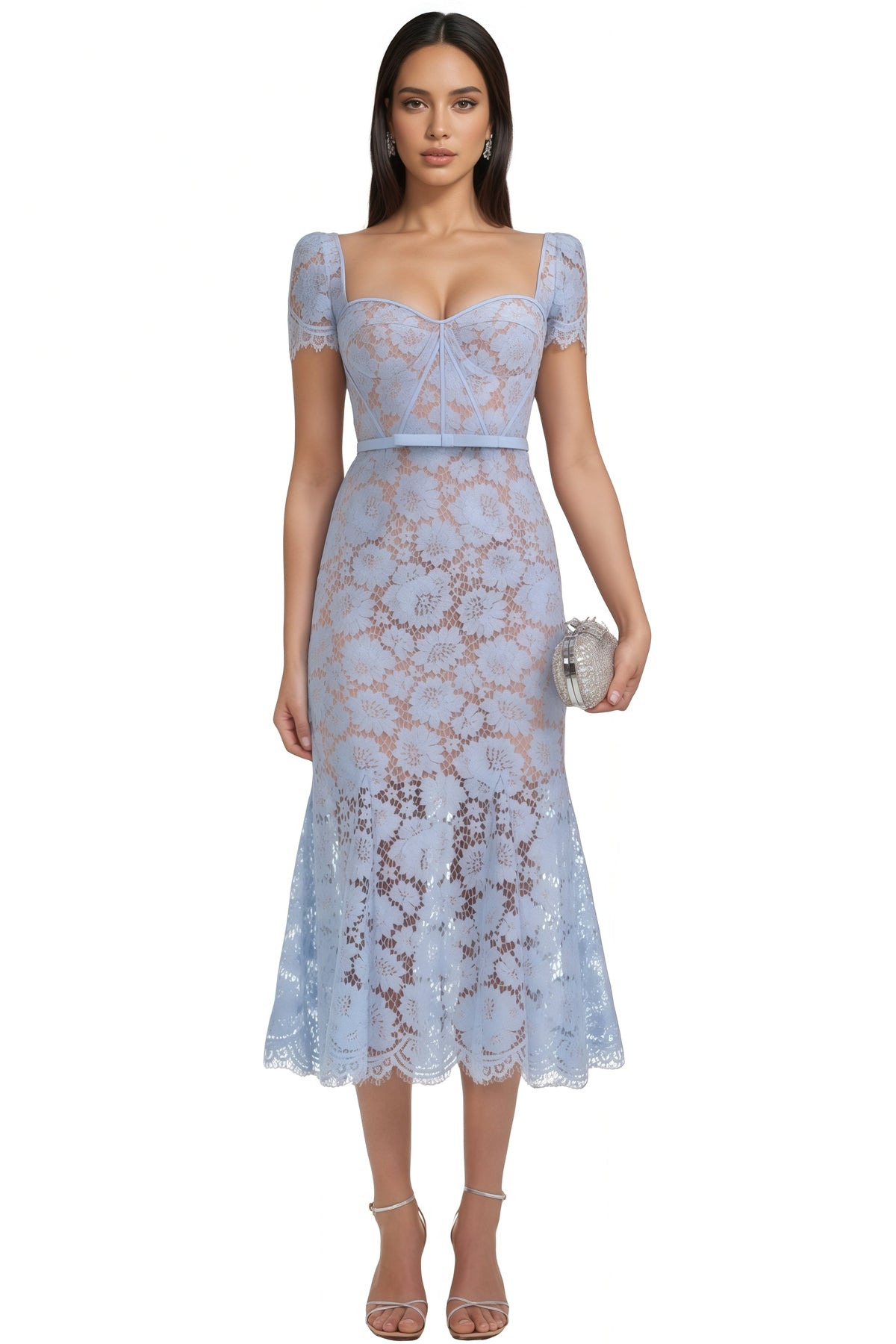 Square Neck Short Sleeve Sheer Lace Bustier Mermaid Hem Midi Dress