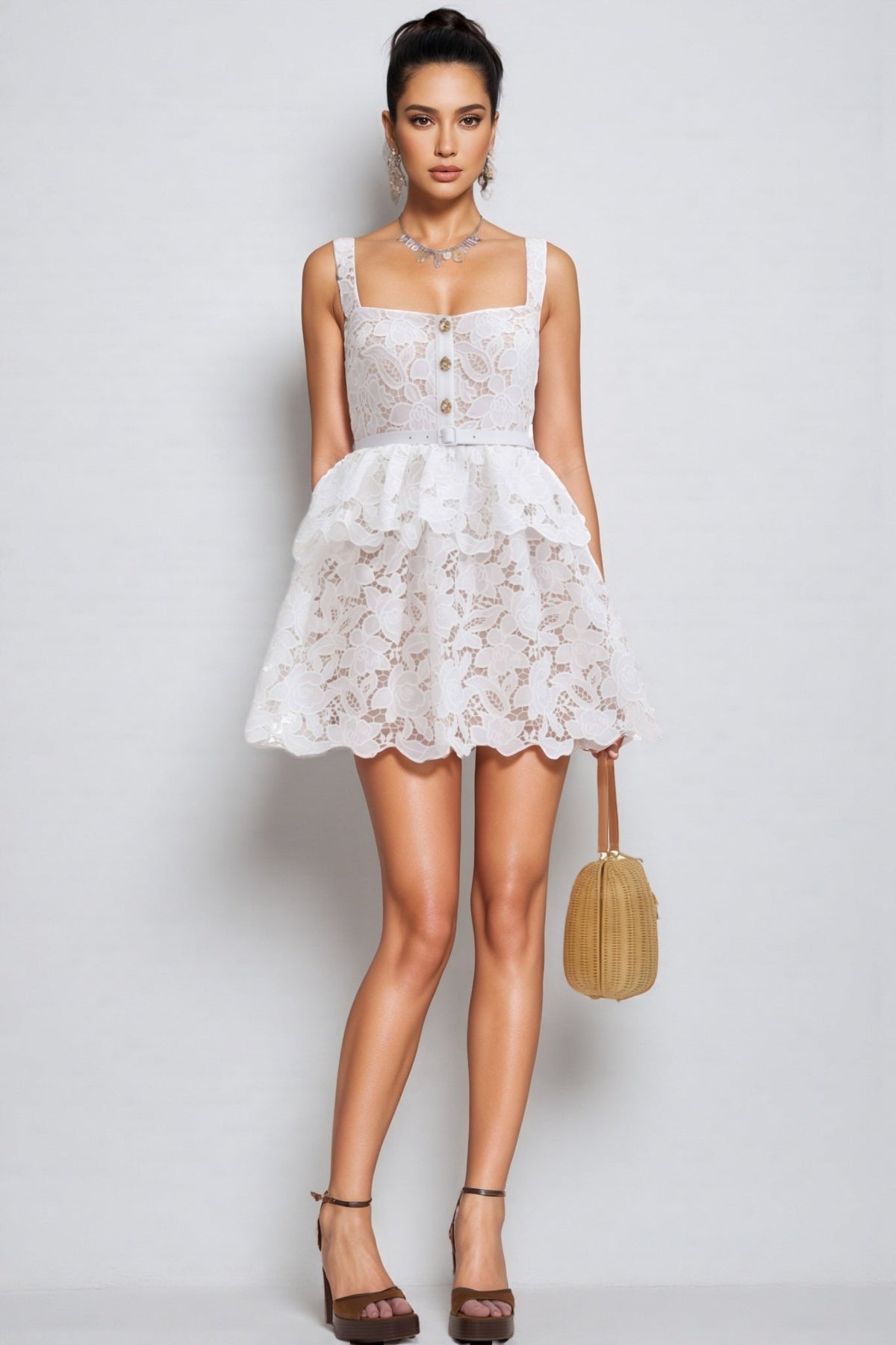 Square Neck Sleeveless Button Front Lace Tiered Scallop Hem Mini Dress