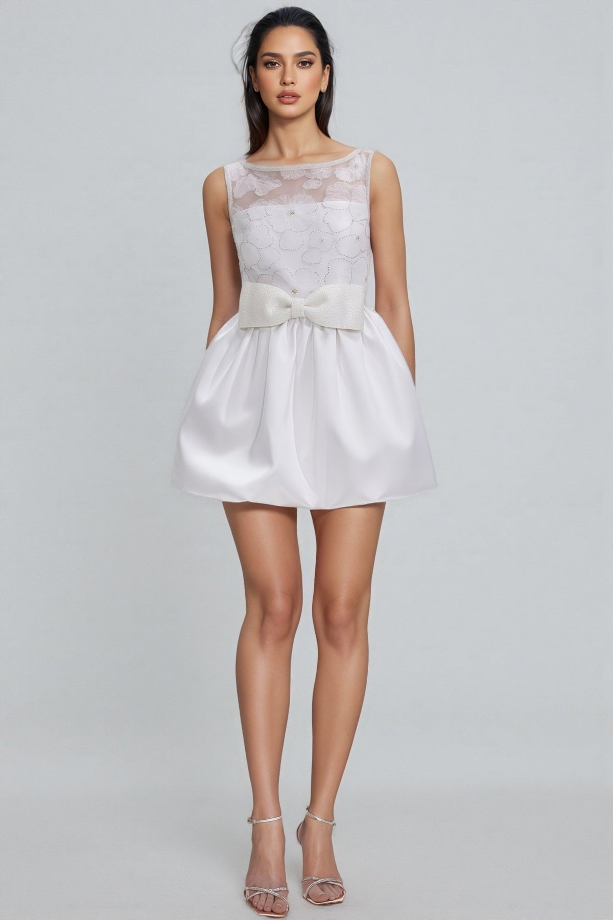 Sleeveless Floral Applique Sheer Bodice Bow Waist Satin Bubble Mini Dress