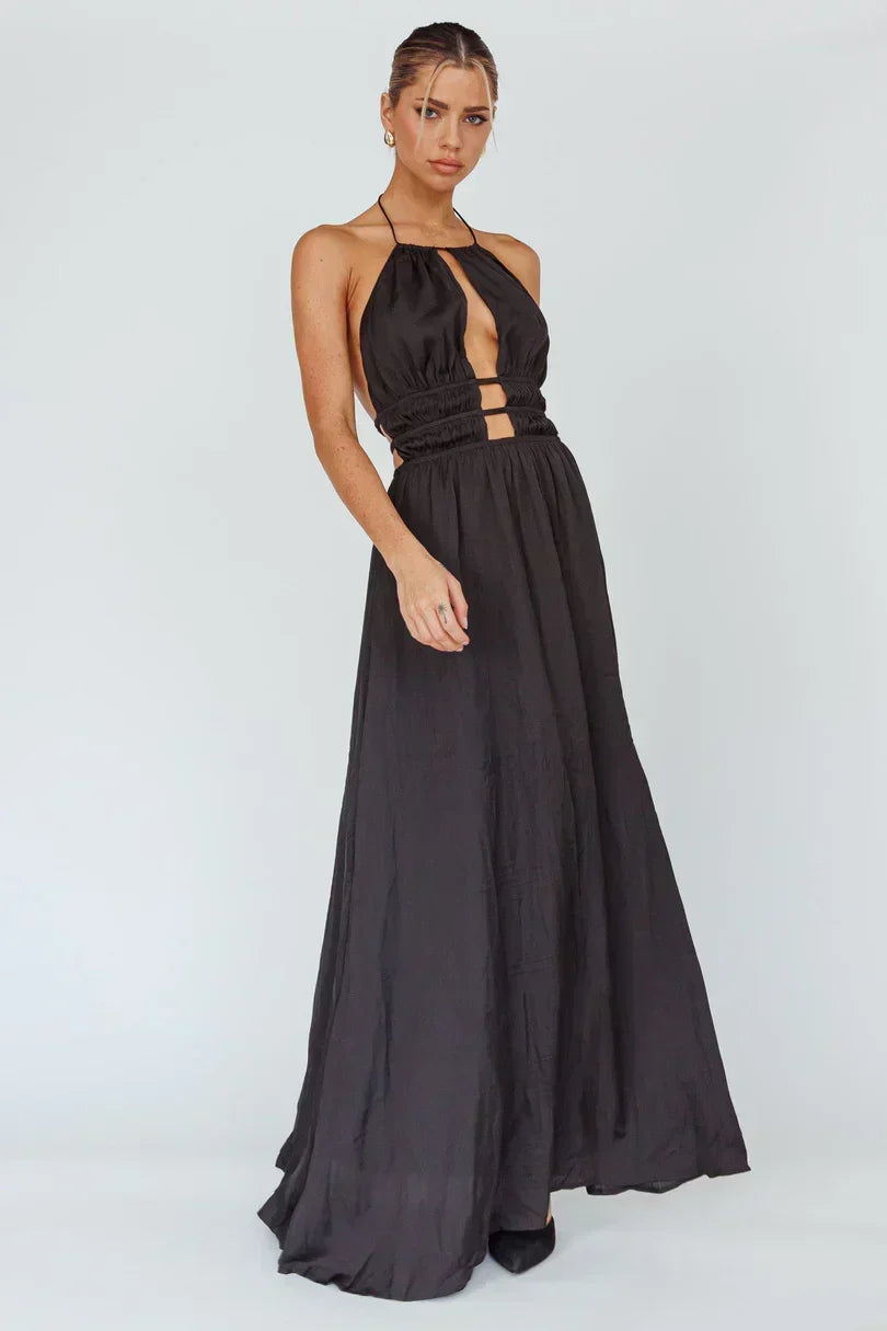 Satin Halter High Neck Ladder Cut Out Open Back Flowy Maxi Dress 4