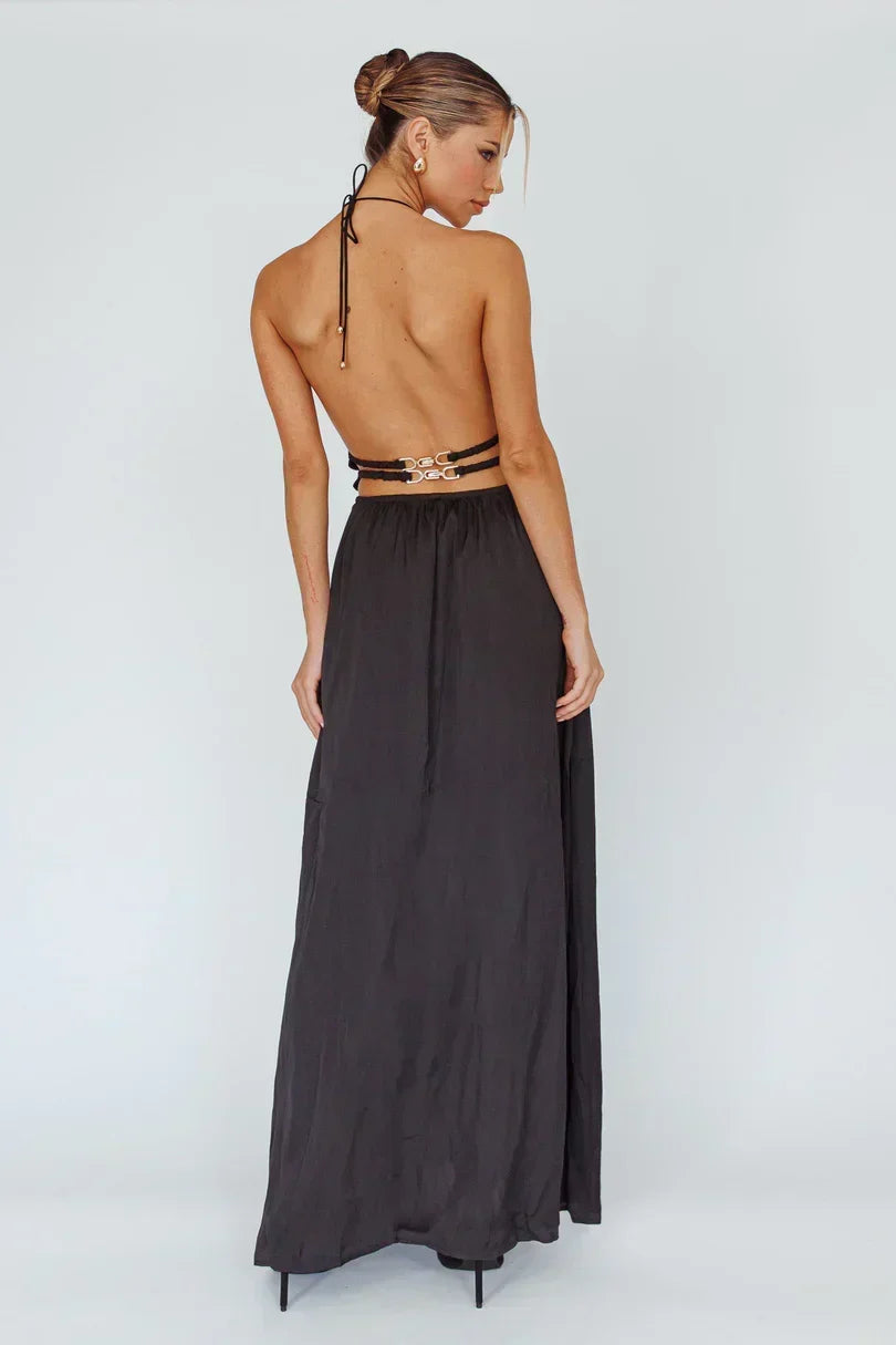 Satin Halter High Neck Ladder Cut Out Open Back Flowy Maxi Dress 6