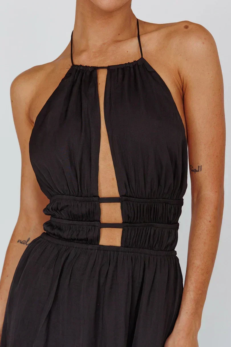Satin Halter High Neck Ladder Cut Out Open Back Flowy Maxi Dress 5
