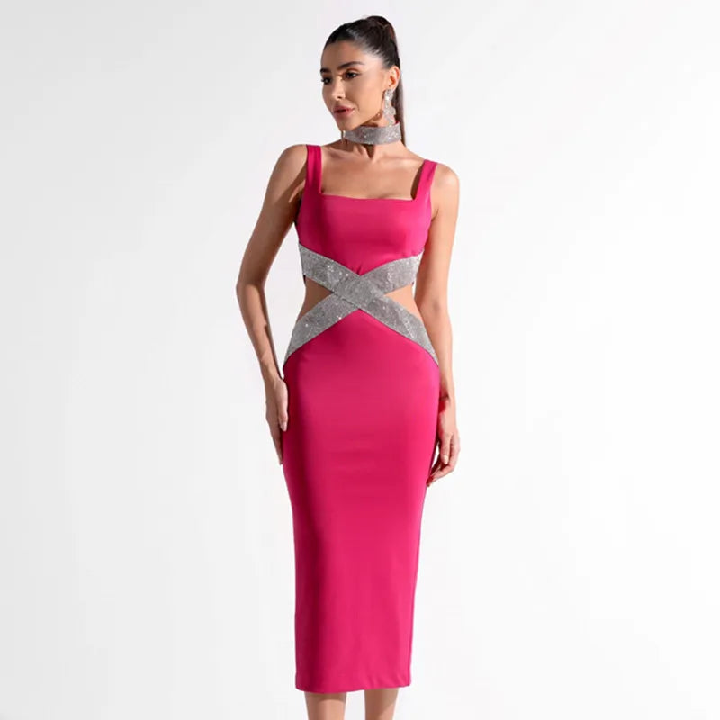 Square Neck Sleeveless Rhinestone Cross Band Cut Out Bodycon Midi Dress 4