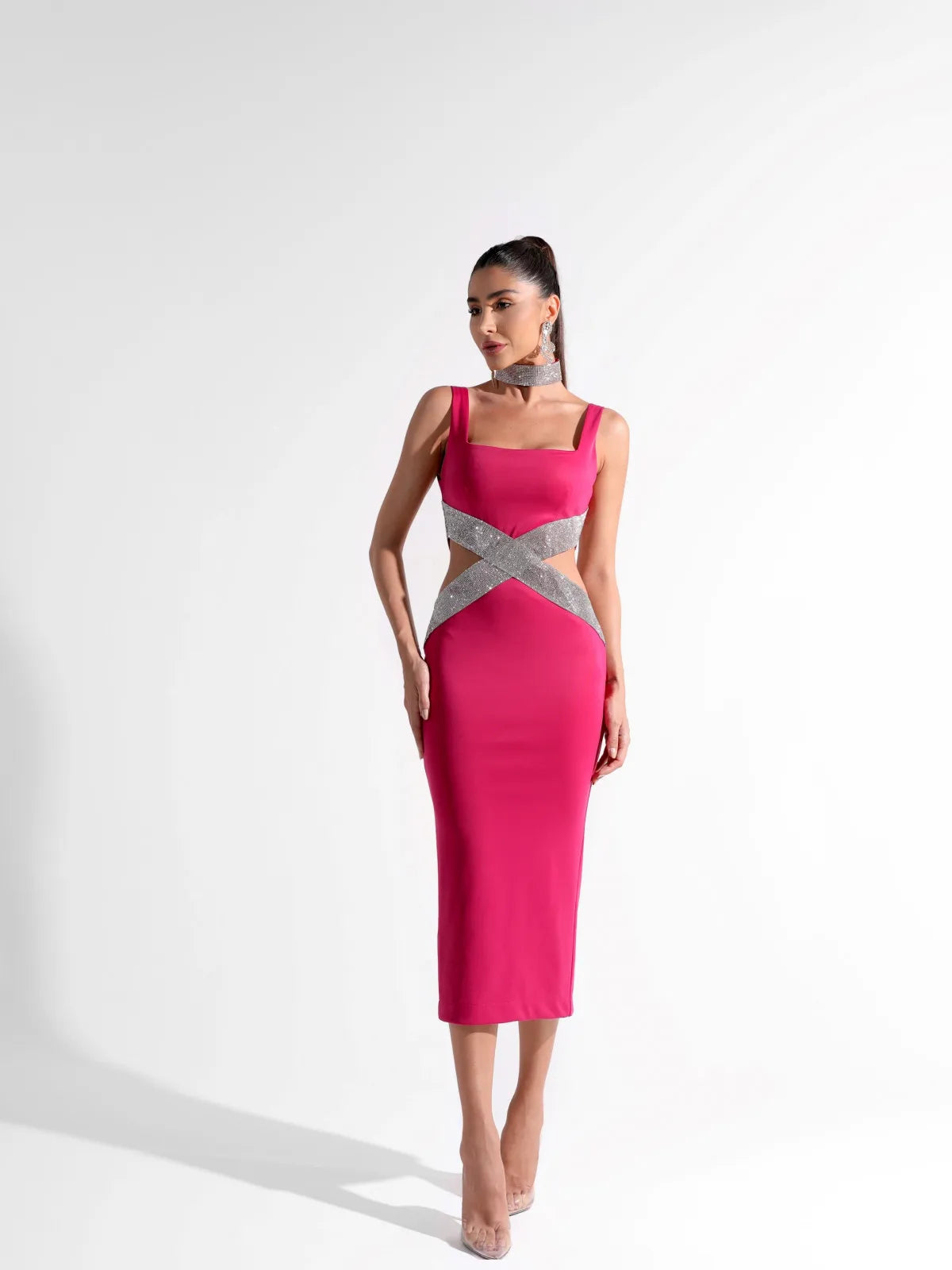 Square Neck Sleeveless Rhinestone Cross Band Cut Out Bodycon Midi Dress 5