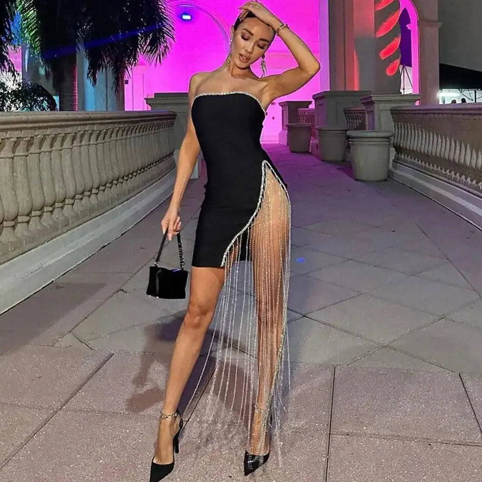 Strapless Rhinestone Trim Chain Fringe High Split Bandage Mini Dress