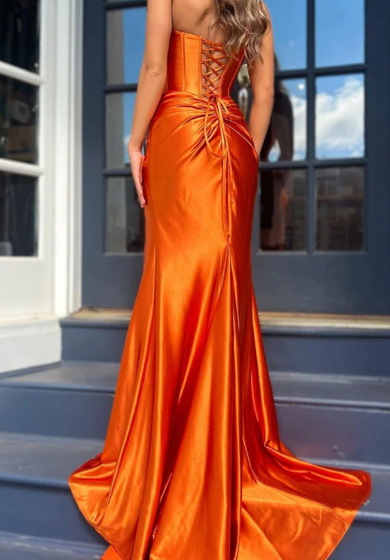Beautiful Orange Strapless Pleated Slit Evening Dress Mermaid Prom Party Dress cc1908