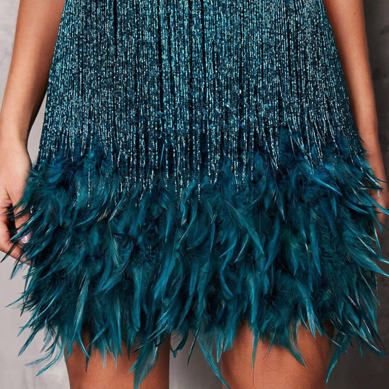 Sequin Fringe Feather V-Neck Mini Dress 16