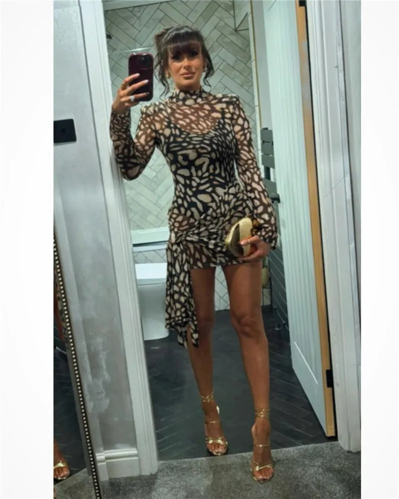 Leopard Print Sheer Mesh Mock Neck Long Sleeve Side Tie Mini Dress 11