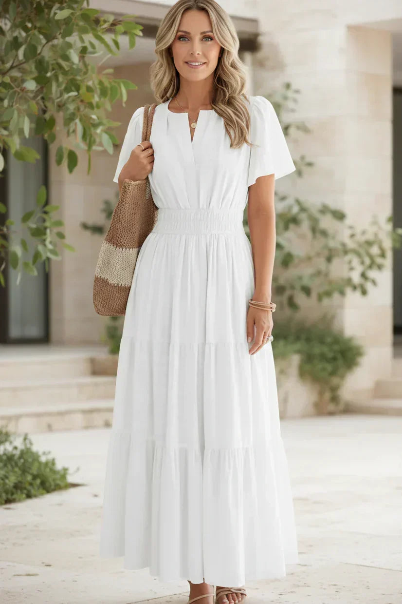 V-Neck Puff Sleeve Smocked Waist Tiered Maxi Dress